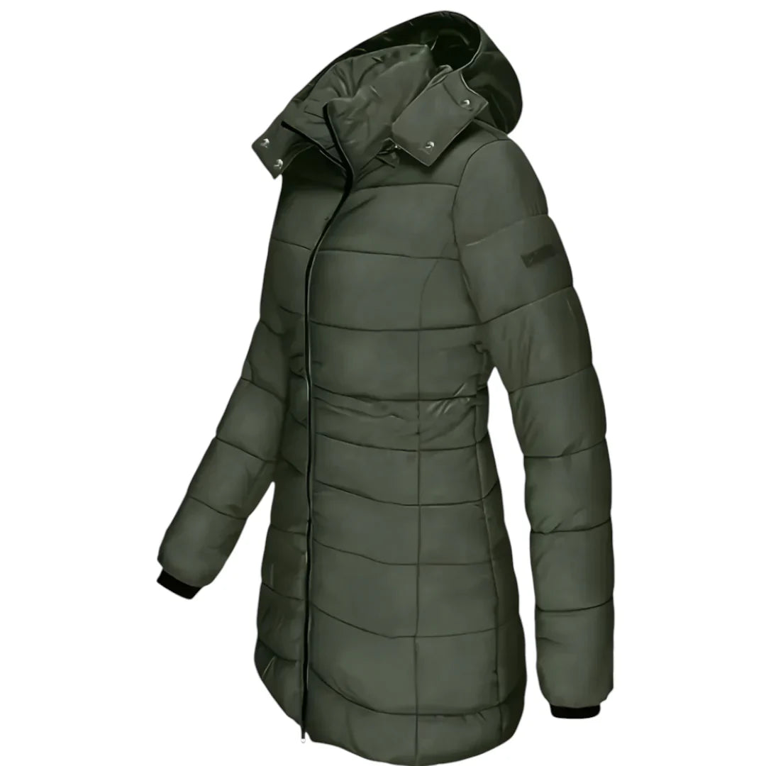 Women’s Mid Length Puffer Coat – Hooded Design, Zip Front, Quilted Finish