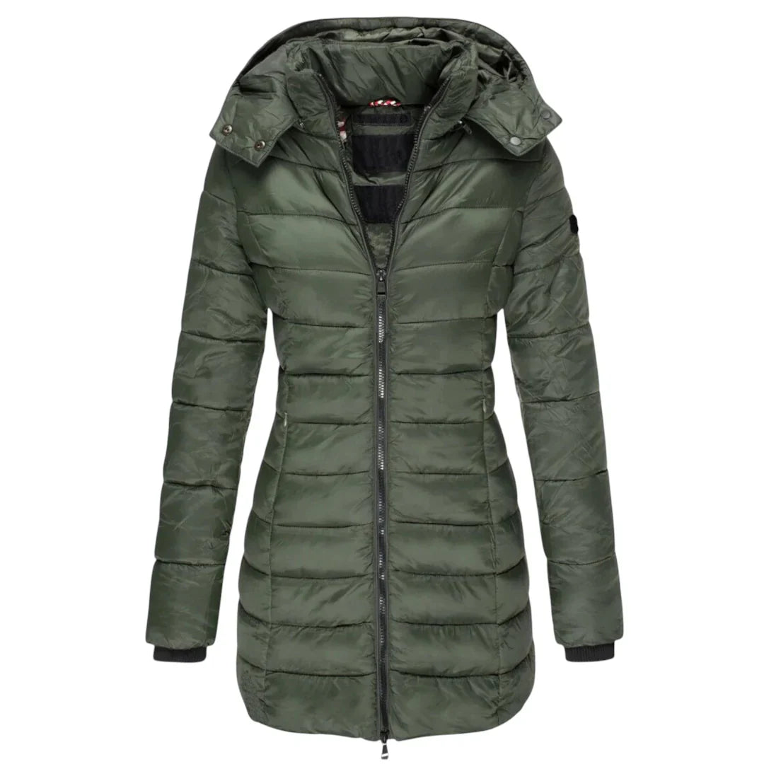 Women’s Mid Length Puffer Coat – Hooded Design, Zip Front, Quilted Finish