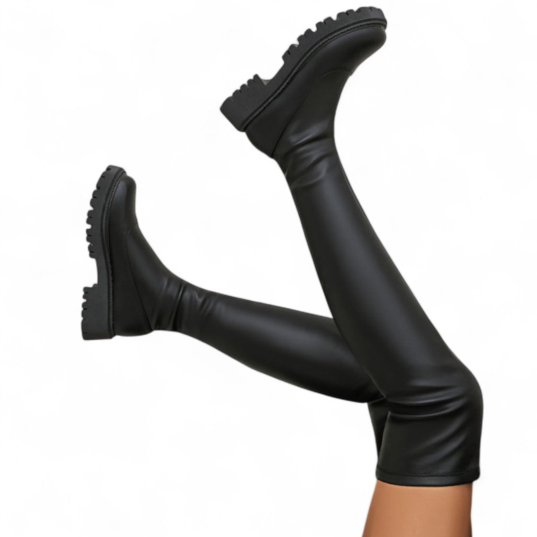 Women’s Over the Knee Boots – Stretch Fit, Round Toe, Low Block Heel, Lug Sole