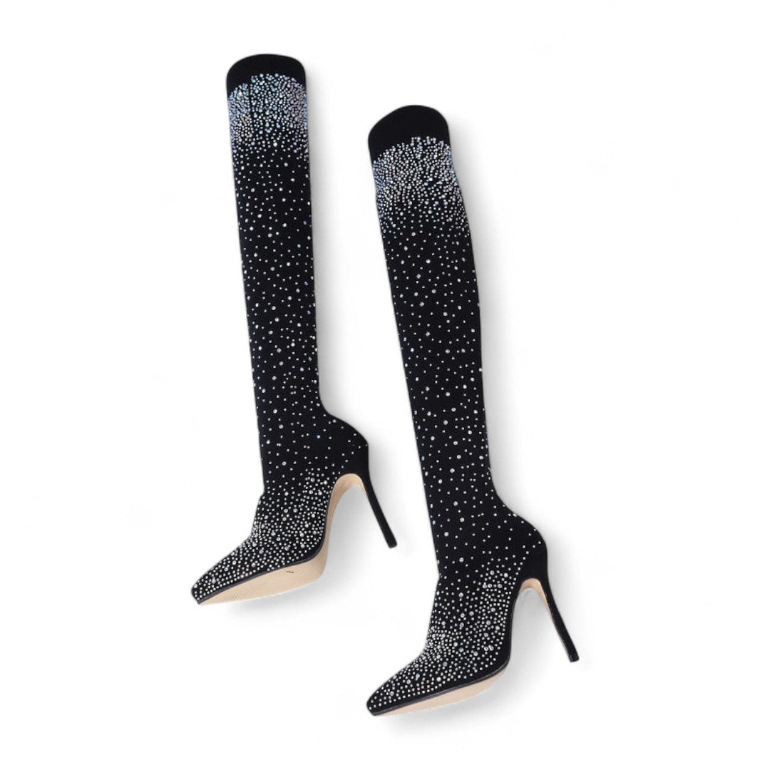 Women’s Over the Knee Boots – Stretch Mesh Design with Pointed Stiletto Heels and Rhinestone Detail