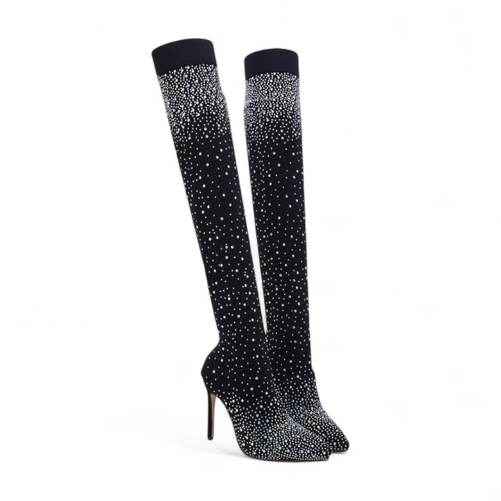 Women’s Over the Knee Boots – Stretch Mesh Design with Pointed Stiletto Heels and Rhinestone Detail