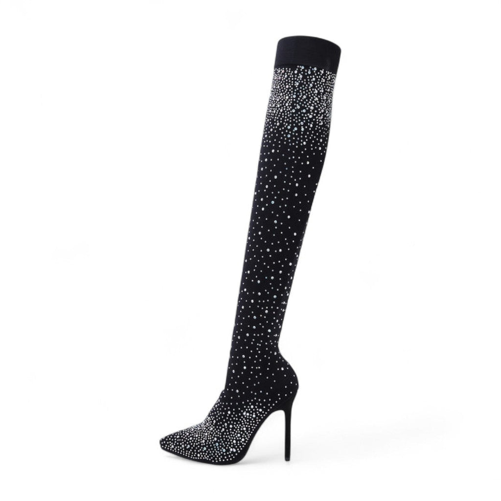 Women’s Over the Knee Boots – Stretch Mesh Design with Pointed Stiletto Heels and Rhinestone Detail