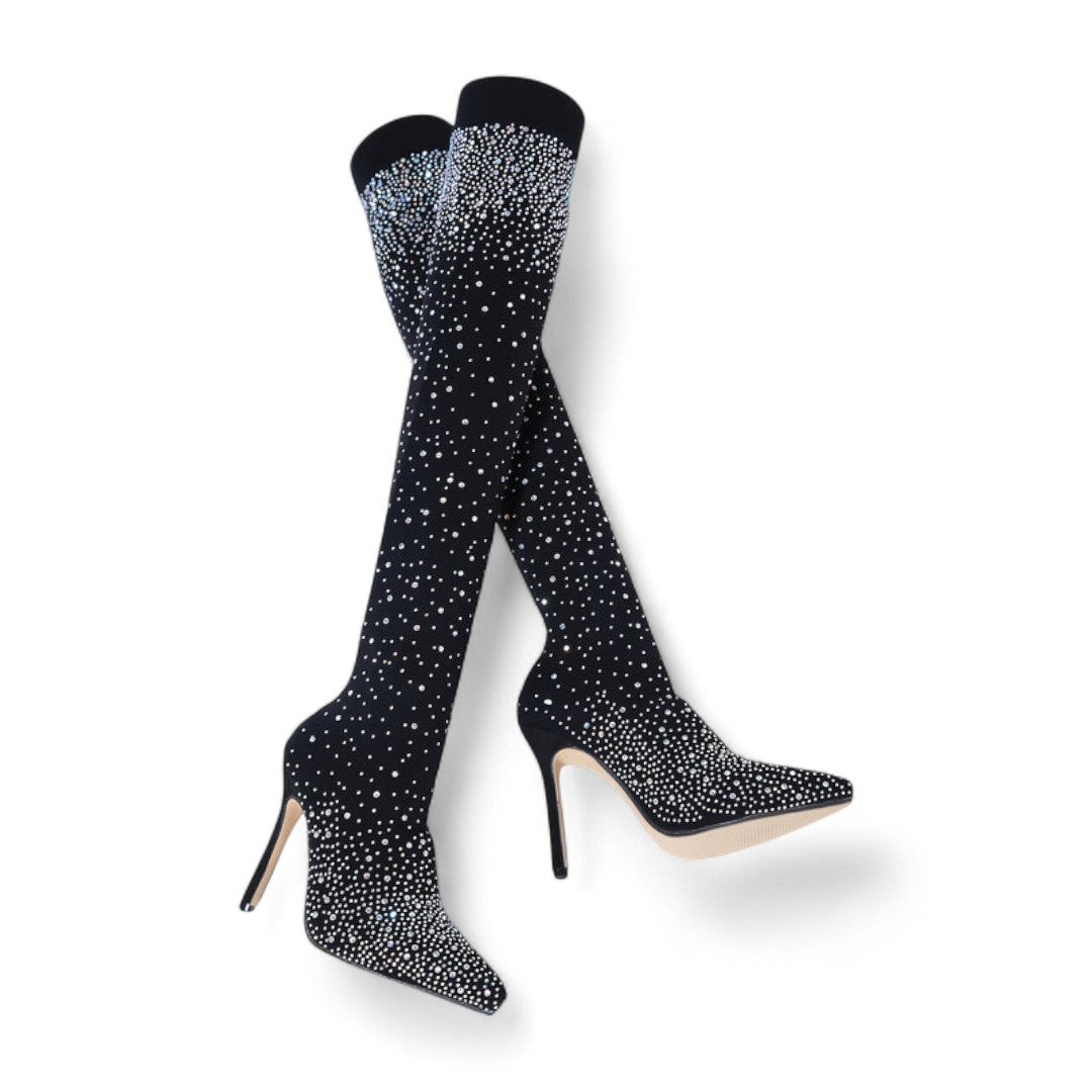 Women’s Over the Knee Boots – Stretch Mesh Design with Pointed Stiletto Heels and Rhinestone Detail