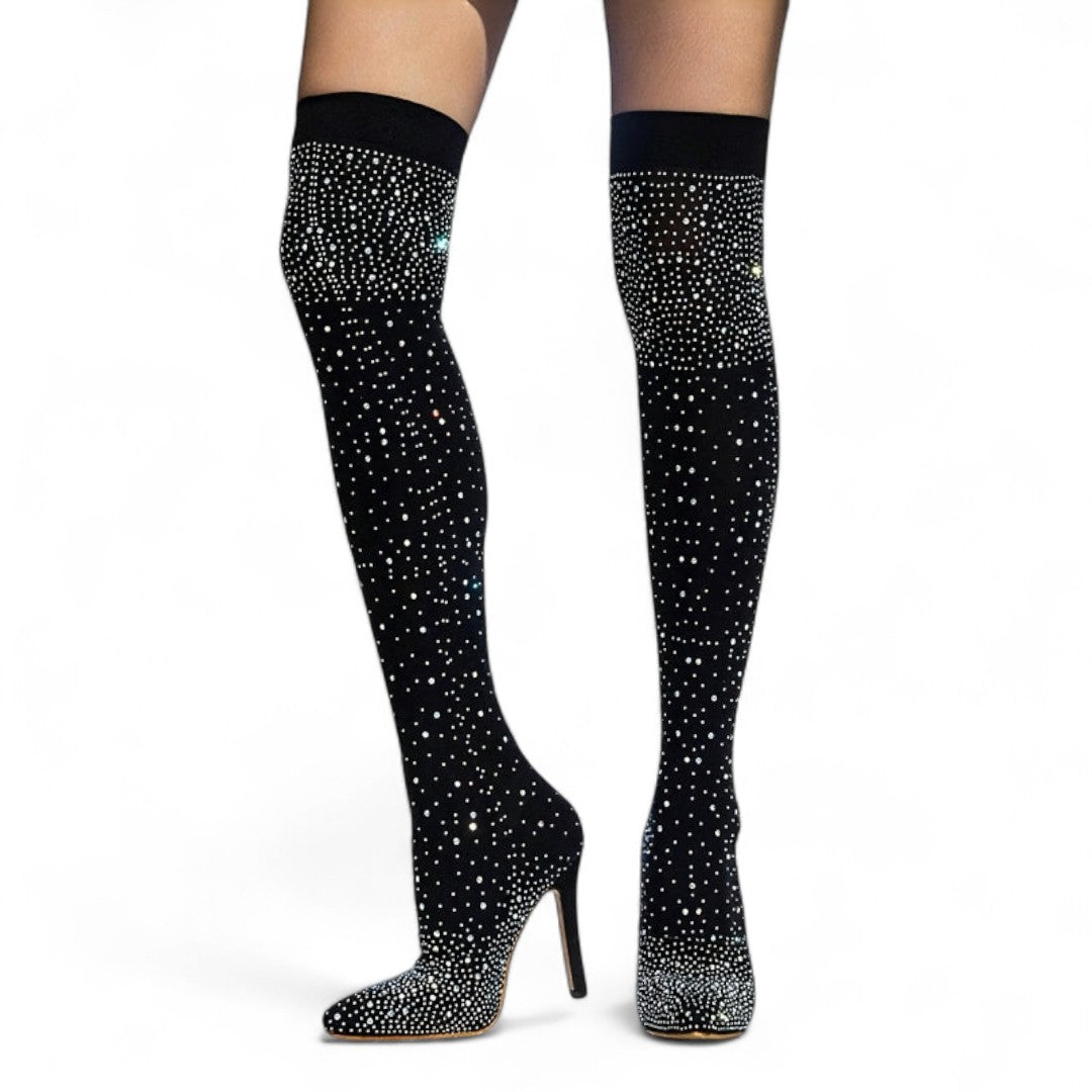 Women’s Over the Knee Boots – Stretch Mesh Design with Pointed Stiletto Heels and Rhinestone Detail