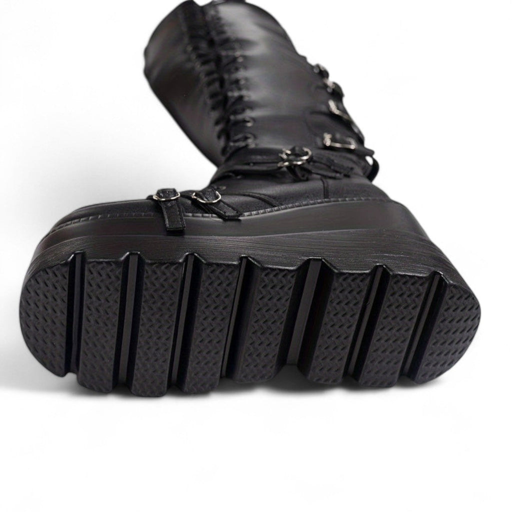 Women’s Over the Knee Platform Boots – Lace Up Design with Side Zip, Buckle Straps and Chunky Sole