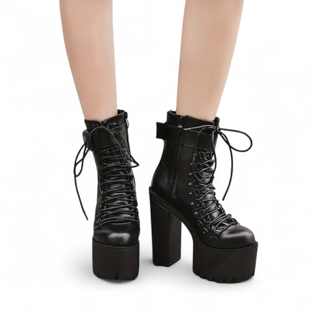 Women’s Platform Ankle Boots – Lace Up Front, Side Zip, Buckle Strap, Chunky High Heel, Textured Sole