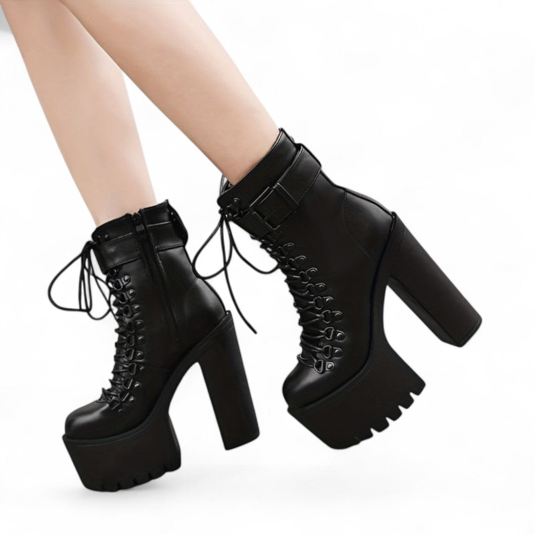 Women’s Platform Ankle Boots – Lace Up Front, Side Zip, Buckle Strap, Chunky High Heel, Textured Sole