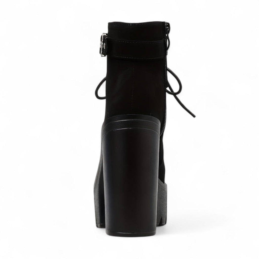 Women’s Platform Ankle Boots – Lace Up Front with Round Toe, Block Heel and Buckle Strap