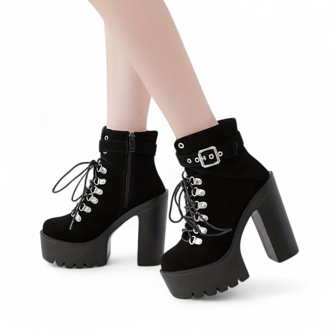 Women’s Platform Ankle Boots – Lace Up Front with Round Toe, Block Heel and Buckle Strap