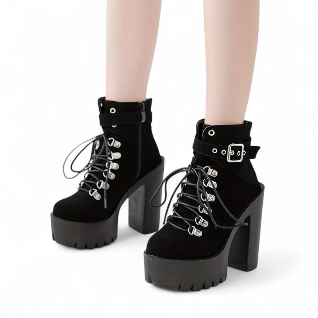 Women’s Platform Ankle Boots – Lace Up Front with Round Toe, Block Heel and Buckle Strap