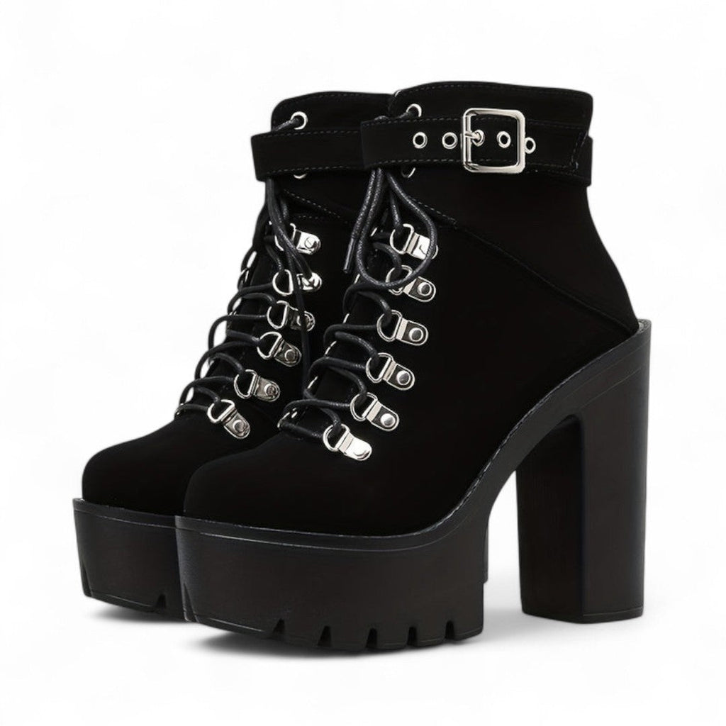 Women’s Platform Ankle Boots – Lace Up Front with Round Toe, Block Heel and Buckle Strap