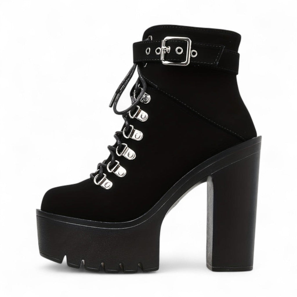 Women’s Platform Ankle Boots – Lace Up Front with Round Toe, Block Heel and Buckle Strap