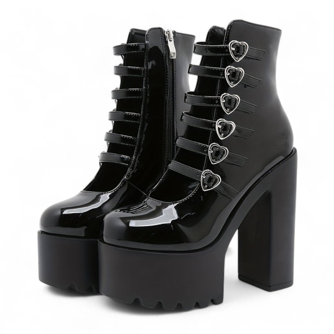 Women’s Platform Ankle Boots – Round Toe Block Heel Design with Multi Strap and Heart Buckle Detail