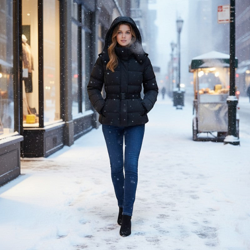 Women’s Puffer Jacket – Belted Waist, High Collar