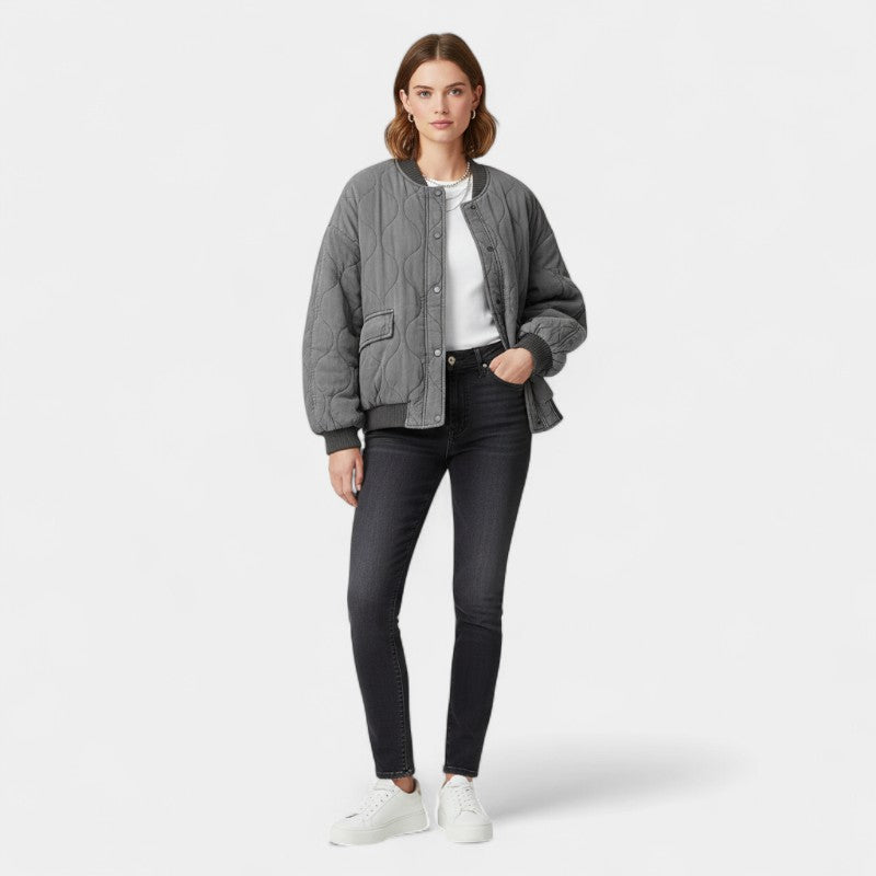 Women’s Quilted Bomber Jacket – Oversized Fit, Snap Button Front, Grey