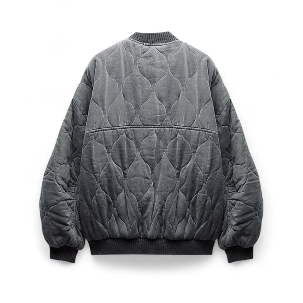 Women’s Quilted Bomber Jacket – Oversized Fit, Snap Button Front, Grey