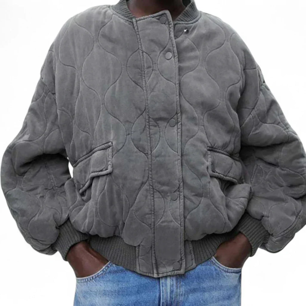 Women’s Quilted Bomber Jacket – Oversized Fit, Snap Button Front, Grey