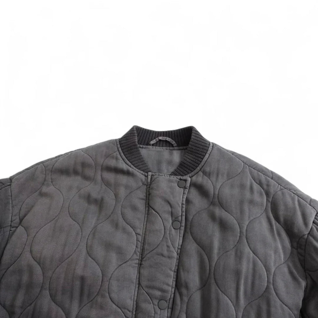 Women’s Quilted Bomber Jacket – Oversized Fit, Snap Button Front, Grey