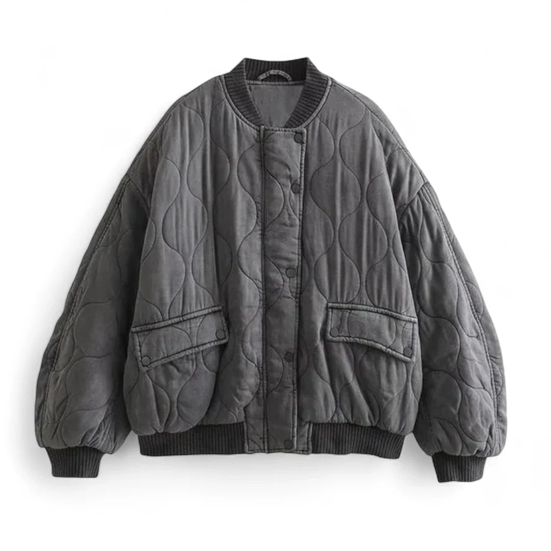 Women’s Quilted Bomber Jacket – Oversized Fit, Snap Button Front, Grey
