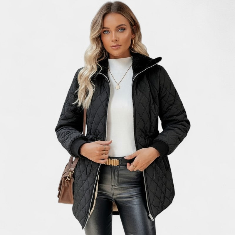 Women’s Quilted Jacket – Zip Front, Drawstring Waist, Long Sleeve Design