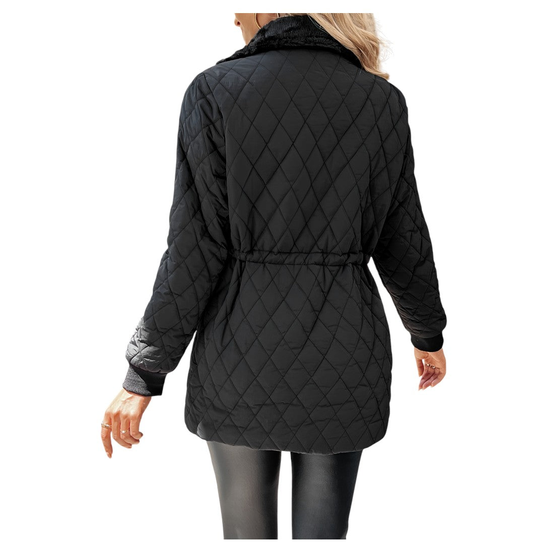 Women’s Quilted Jacket – Zip Front, Drawstring Waist, Long Sleeve Design