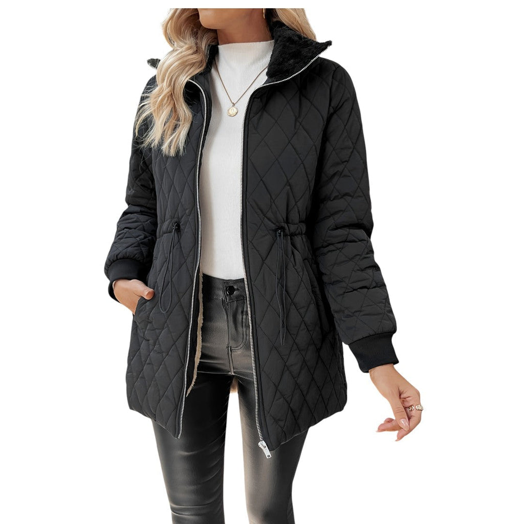 Women’s Quilted Jacket – Zip Front, Drawstring Waist, Long Sleeve Design