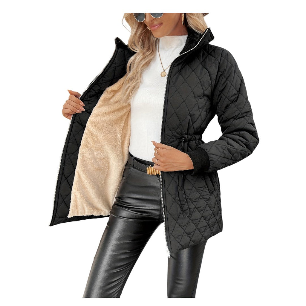 Women’s Quilted Jacket – Zip Front, Drawstring Waist, Long Sleeve Design
