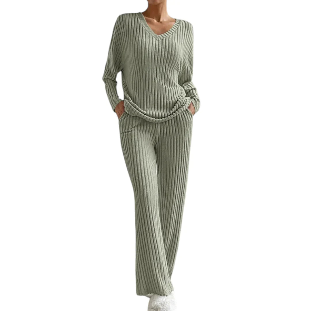 Women’s Ribbed Lounge Set – V Neck Long Sleeve Top and Wide Leg Trousers