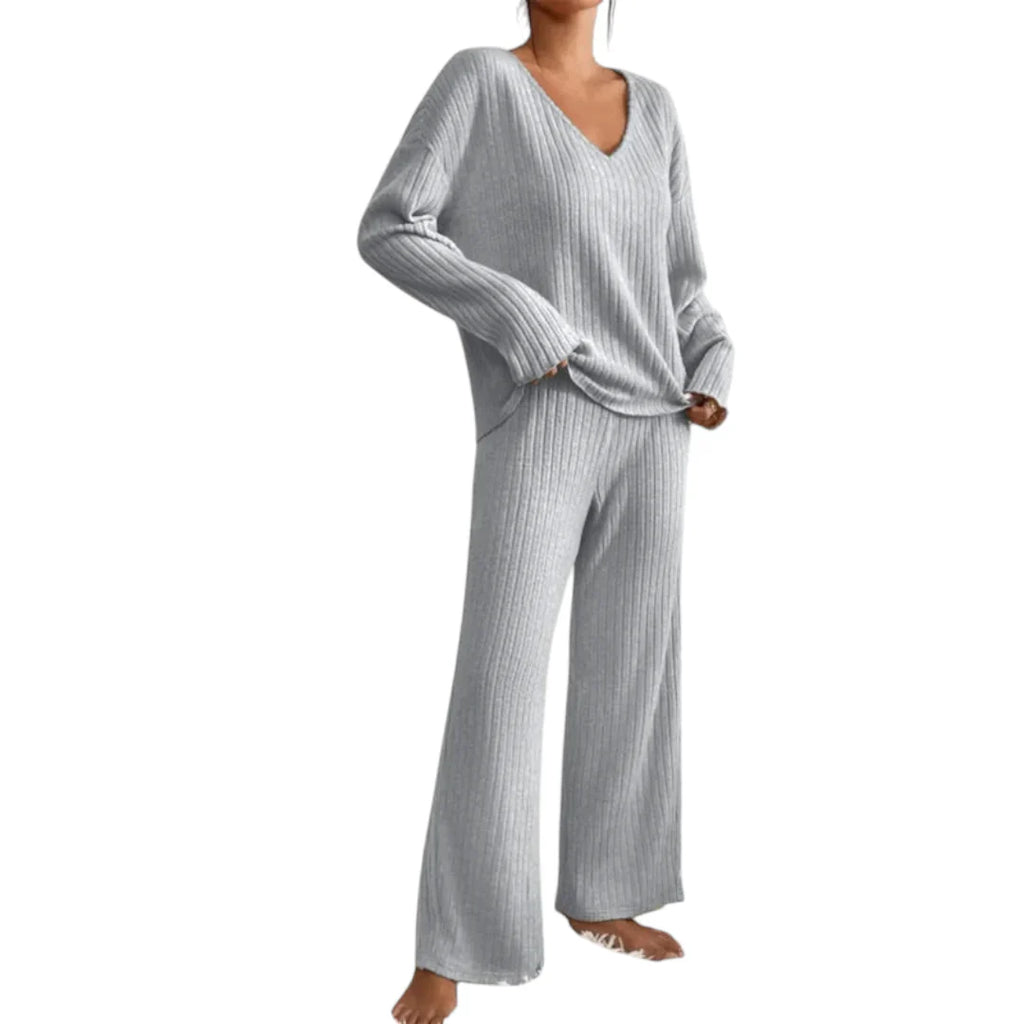 Women’s Ribbed Lounge Set – V Neck Long Sleeve Top and Wide Leg Trousers
