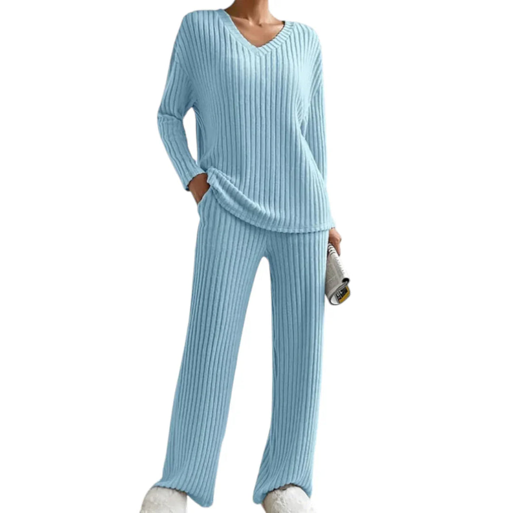 Women’s Ribbed Lounge Set – V Neck Long Sleeve Top and Wide Leg Trousers