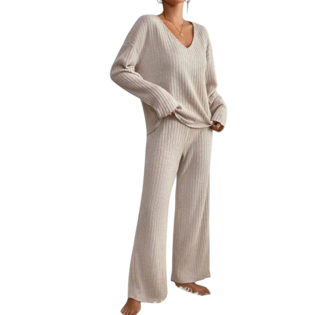 Women’s Ribbed Lounge Set – V Neck Long Sleeve Top and Wide Leg Trousers