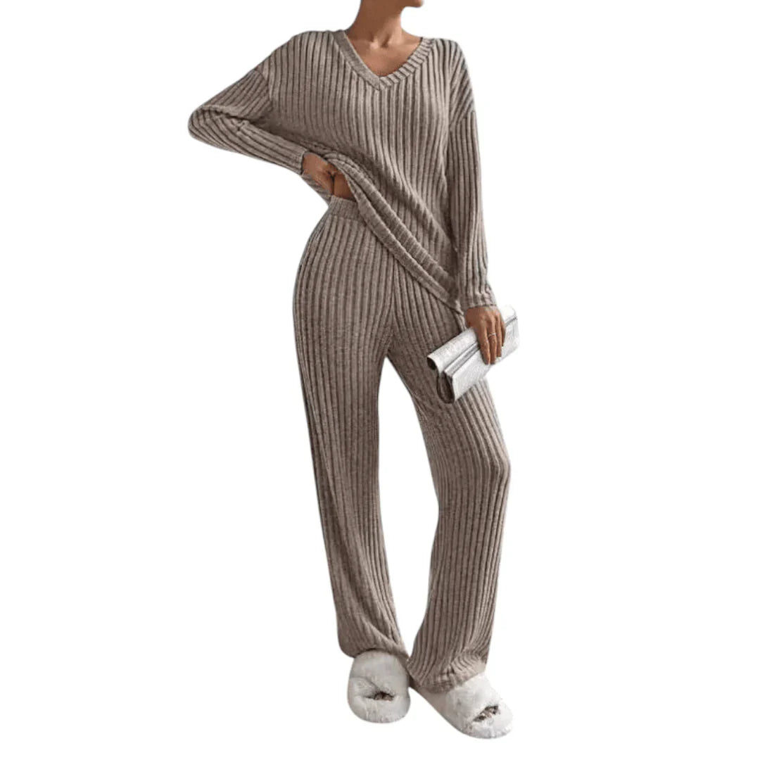 Women’s Ribbed Lounge Set – V Neck Long Sleeve Top and Wide Leg Trousers