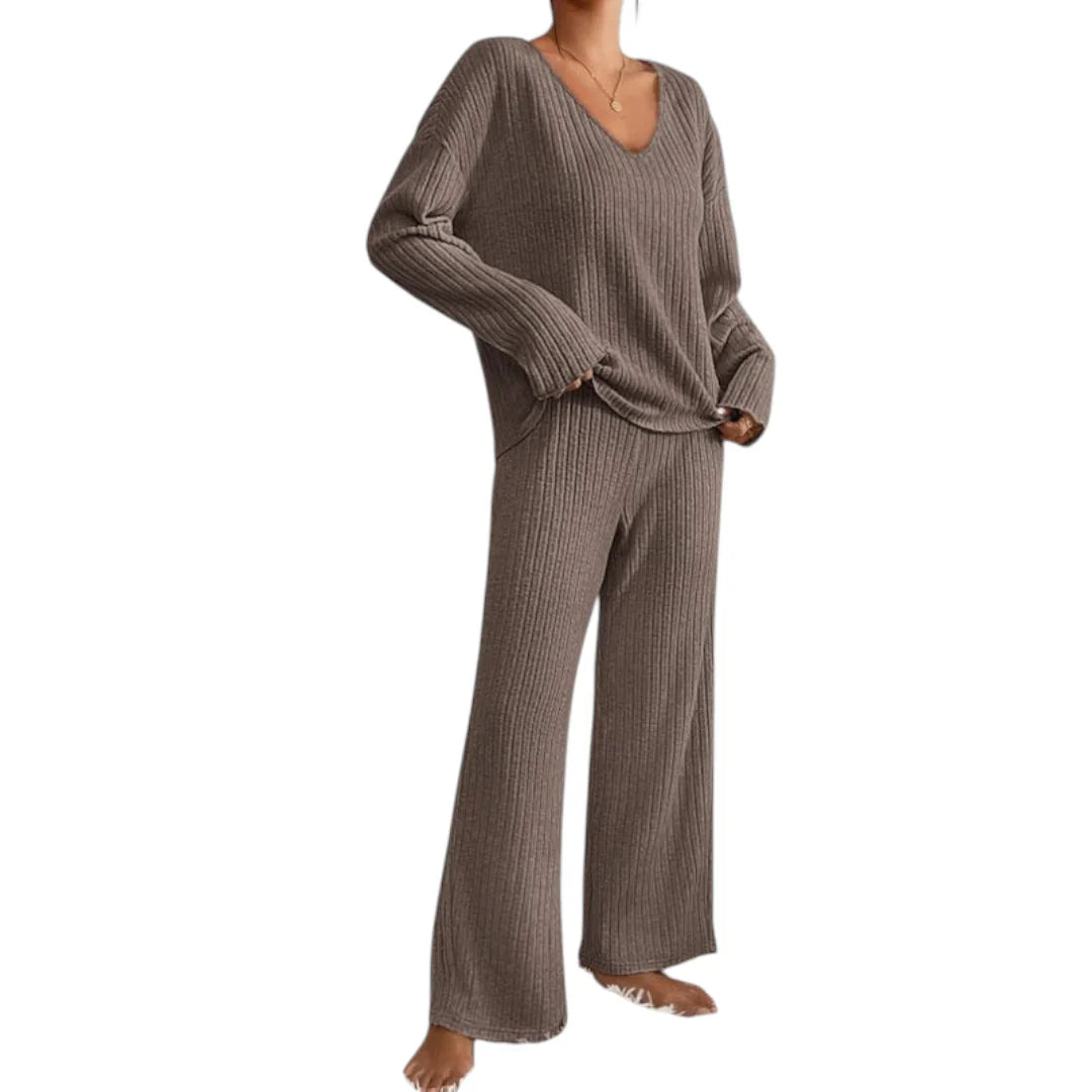 Women’s Ribbed Lounge Set – V Neck Long Sleeve Top and Wide Leg Trousers