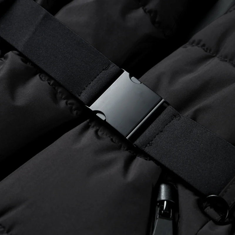 Women’s Short Puffer Jacket – Black, Belted Design, Hooded