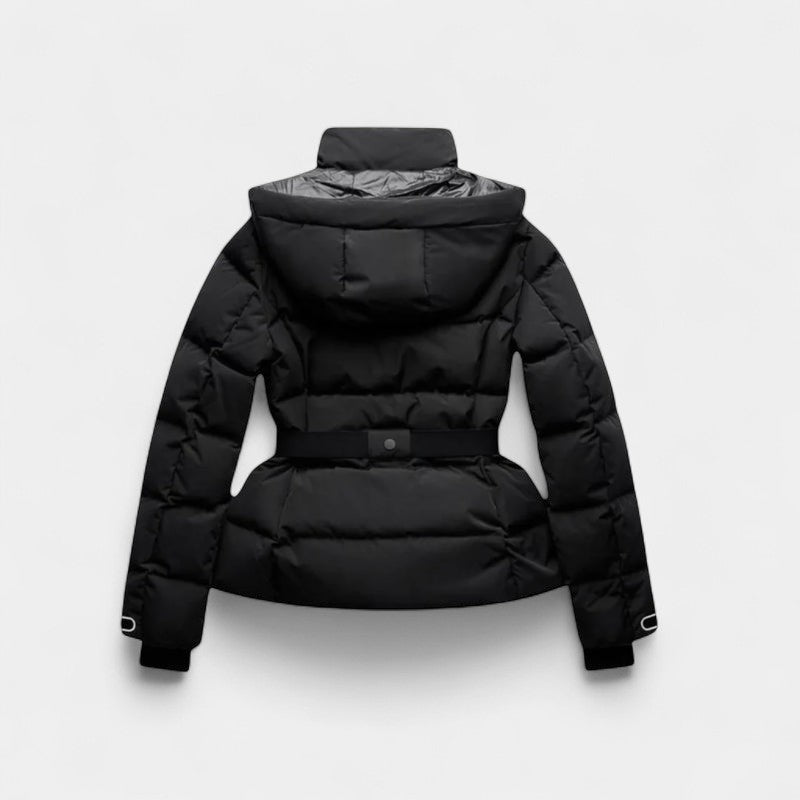 Women’s Short Puffer Jacket – Black, Belted Design, Hooded