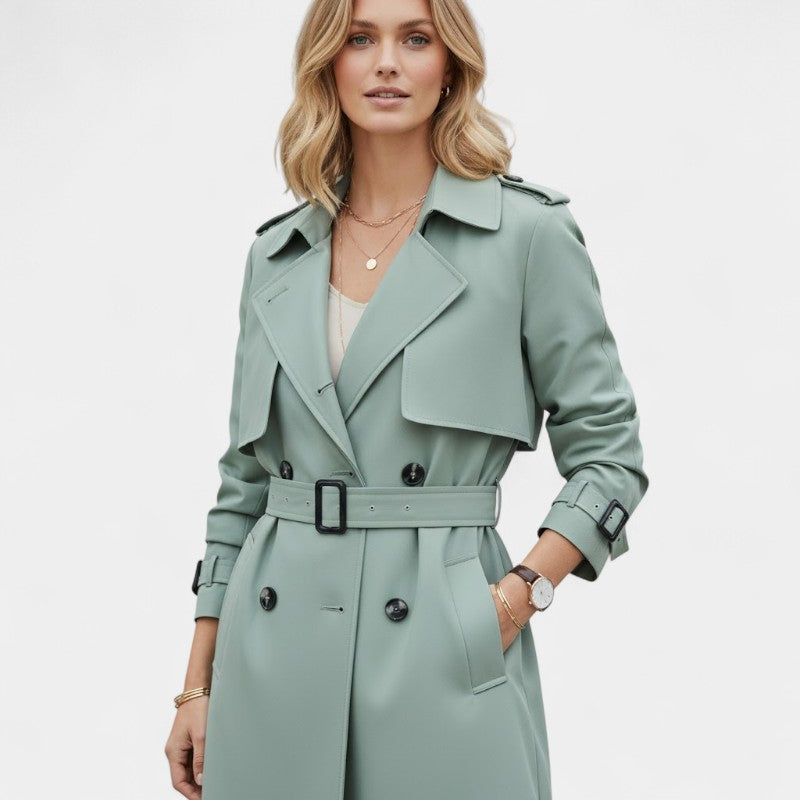 Women’s Trench Coat – Double Button Front, Belted Waist