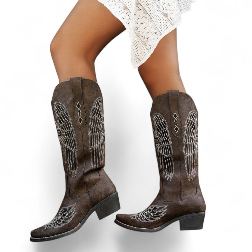 Women’s Western Cowboy Boots – Embroidered Angel Wing Design, Slip On Style, Pointed Toe, Mid Block Heel