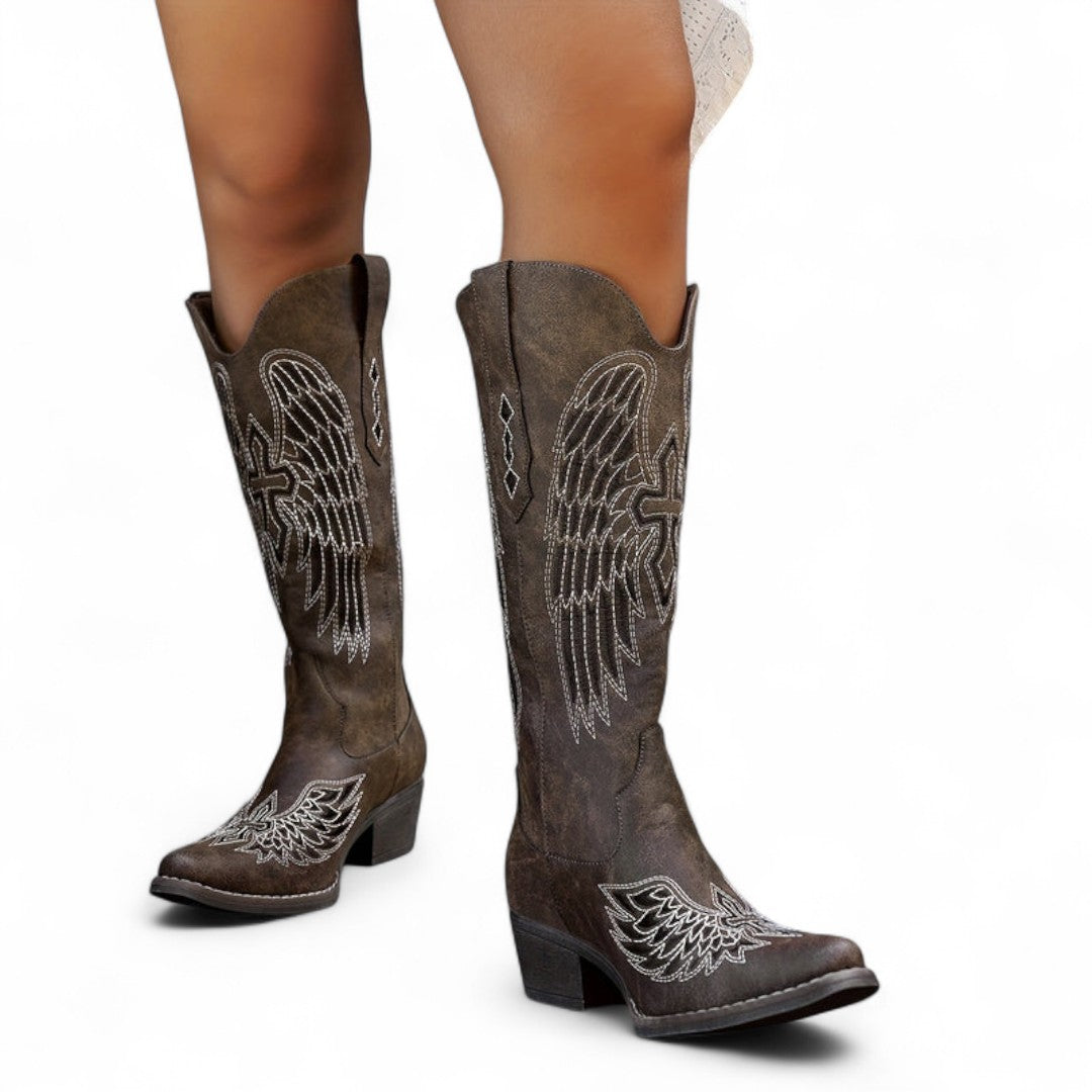 Women’s Western Cowboy Boots – Embroidered Angel Wing Design, Slip On Style, Pointed Toe, Mid Block Heel