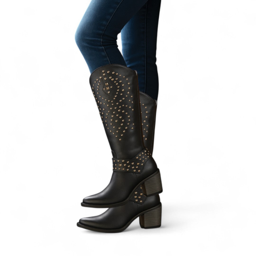 Women’s Western Knee High Boots – Studded Detail, Pointed Toe, Side Zip, Block Heel