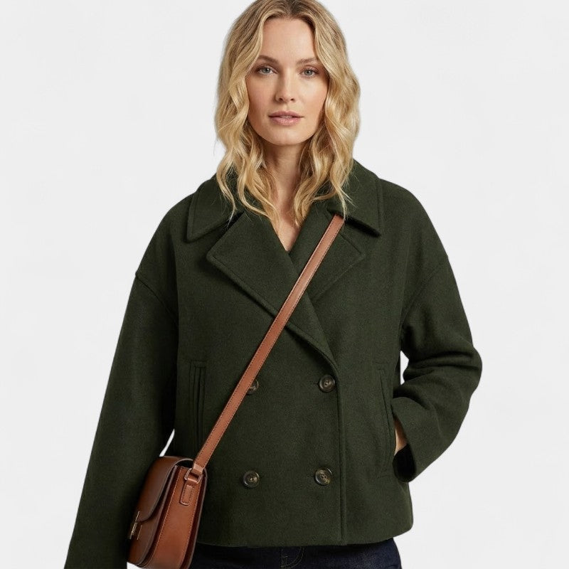 Women’s Wool Coat – Short Length, Checked Pattern, Button Front